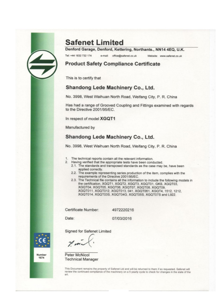 Product Safety Compliance Certificate